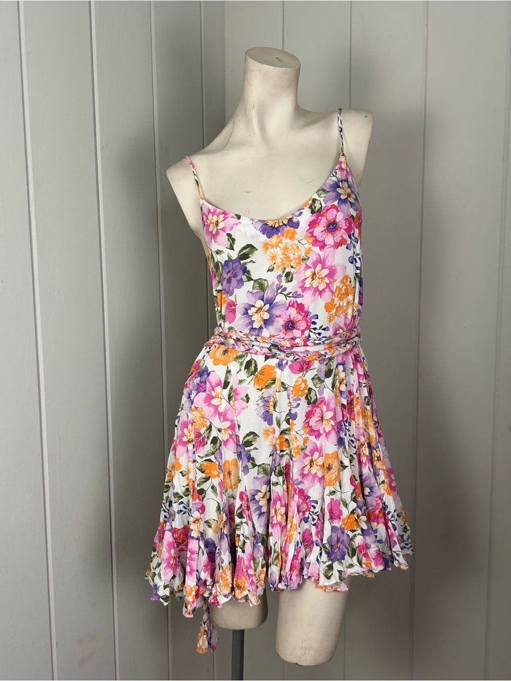 STORIA Floral Mini Dress Small Braided Belt Boho Cottagecore Sundress - Picture 2 of 12